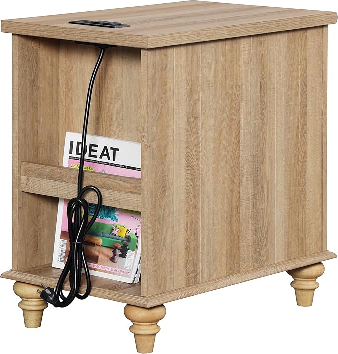 WAMPAT Farmhouse End Table with Charging Station, Rattan Side Table with Drawer & Storage Cabinet, Wooden Oak Nightstand with Power Outlets & USB Ports for Living Room, Bedroom, Burlywood