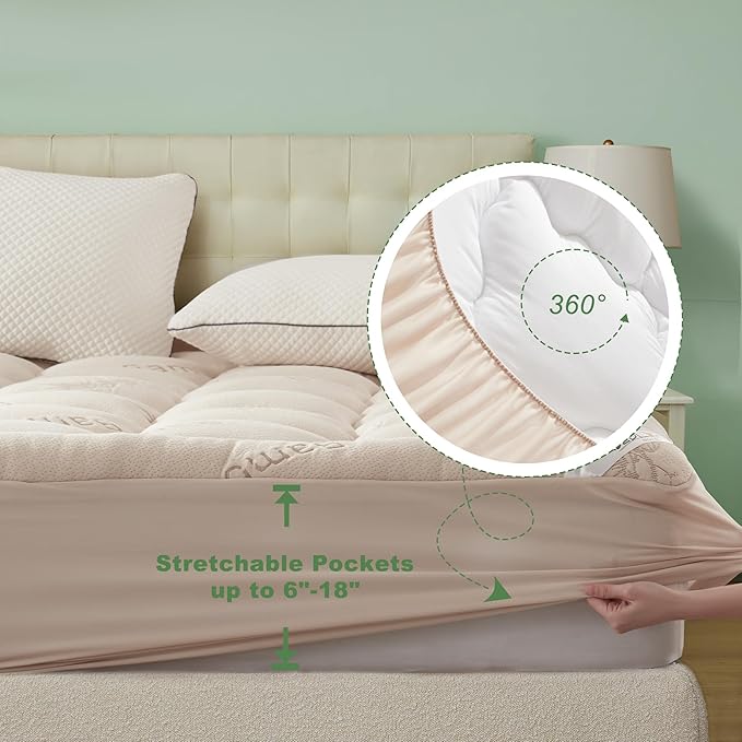 BEDLORE California King Mattress Topper Viscose Derived from Bamboo, Thick Pillow Top Mattress Pad with Stretchable Pockets for 6"-18" Mattress, Soft Mattress Topper for Back Pain Relief(Beige)