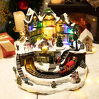 taman Christmas Village Houses - Collectible Buildings with Moving Train, Family & Snowman, Warm Light Musical Ornaments for Christmas Holiday Decorations