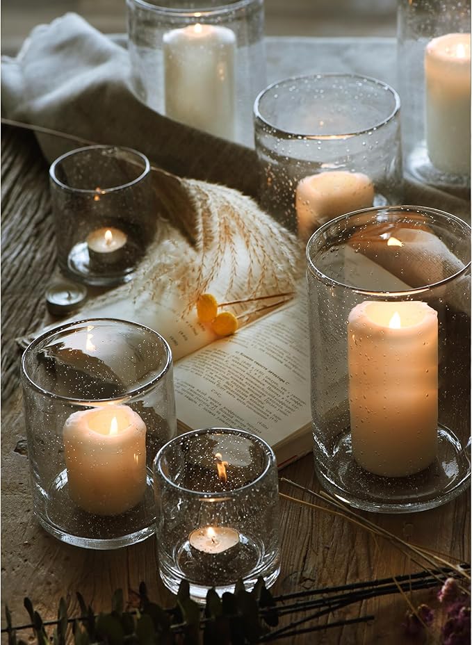ARIAMOTION Hurricane Glass Candle Holders Set, Pillar Votive,Clear Seeded Bubbles Cylinder Vase,Modern Rustic Table Centerpieces Bulk, 3 Sizes 8 Inch 5 Inch 3.5 Inch Height
