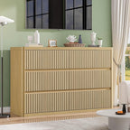 Natural 6 Drawers Dresser for Bedroom, 48" Wide Wood Chest of Deep Drawers with Curved Profile, Handleless, Modern Fluted Dresser TV Stand, Storage Closet Drawer Organizer for Bedroom