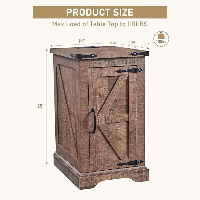 JXQTLINGMU Nightstand with Charging Station, Rectangular Farmhouse End Table with Barn Door and Adjustable Storage Shelf, 17" Deep Wood Rustic Sofa Side Table for Living Room, Bedroom, Light Brown