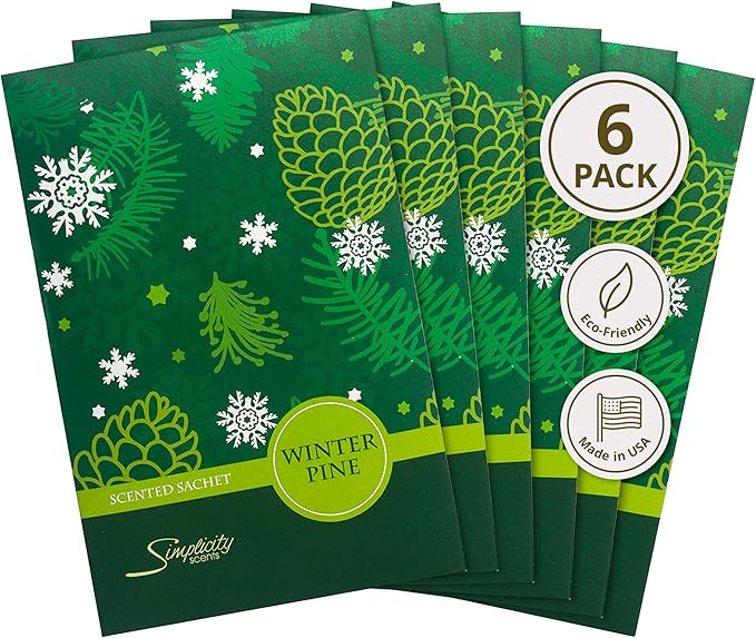 Simplicity Scents Winter Pine Scented Sachets Pack of 6, Fall & Winter - Long-Lasting Scented Bags, Home Fragrance, Air Freshener & Deodorizer for Closet, Room, Drawer, or Cars, Made in USA