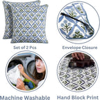 Ridhi Light Steel Blue Block Print Cotton Throw Pillow Covers for Decorative Couch Pillows for Living Room, Chic Boho Cute Outdoor Valentine Pillows Covers Gifts 16x16 Inches