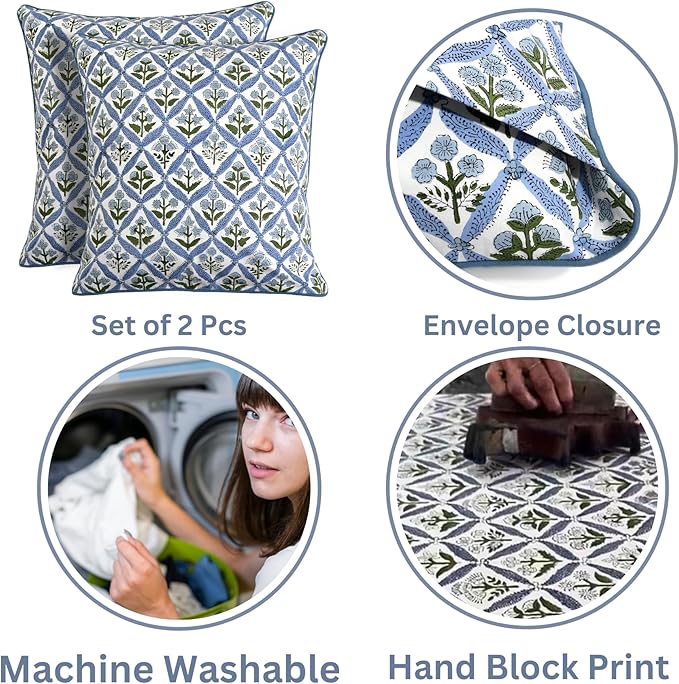 Ridhi Light Steel Blue Block Print Cotton Throw Pillow Covers for Decorative Couch Pillows for Living Room, Chic Boho Cute Outdoor Valentine Pillows Covers Gifts 20x20 Inches