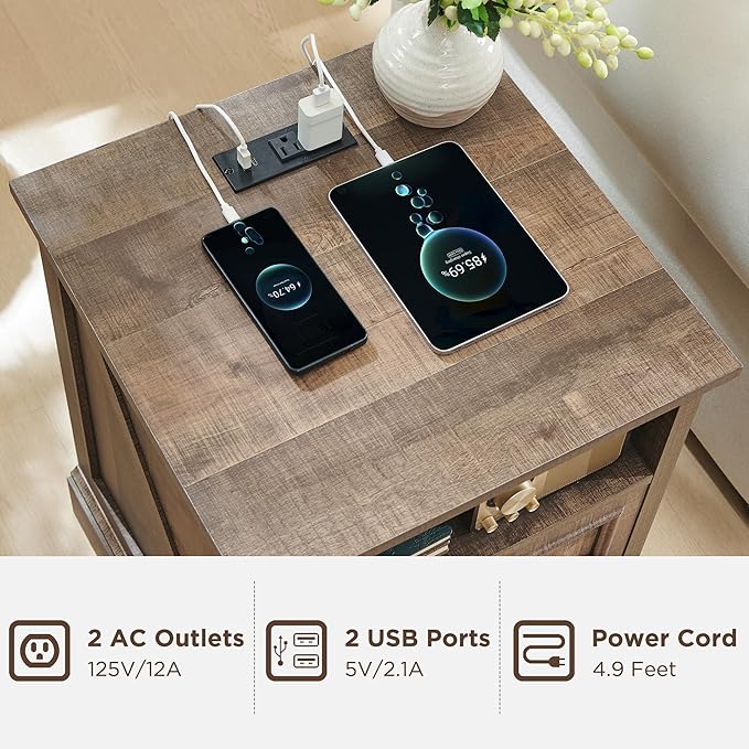 ACCOHOHO 18" Farmhouse Nightstand with Charging Station,End Table with 2 Drawers Storage,Side Table,Bedside Cabinet for Bedroom,Living Room, Light Brown