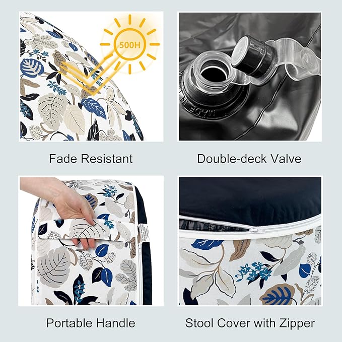 LVTXIII Indoor/Outdoor Inflatable Ottoman, D31 x H14 Inch Large Round Ottoman, All Weather Foot Rest Stool, Portable Footrest for Patio, Garden, Camping and Home - Breeze Leaves Beige