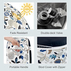 LVTXIII Indoor/Outdoor Inflatable Ottoman, D31 x H14 Inch Large Round Ottoman, All Weather Foot Rest Stool, Portable Footrest for Patio, Garden, Camping and Home - Breeze Leaves Beige