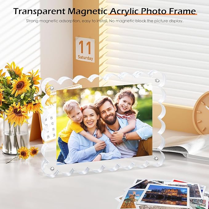 Magnetic Photo Frame 6×8Inch -3Pack Acrylic Scalloped Glass Frames, 12+12mm Thick Double-Sided Design, Clear Picture Frame with Thick Block | Trendy Home Gift Set Stylish Acrylic Frames (3Pack, 6×8)