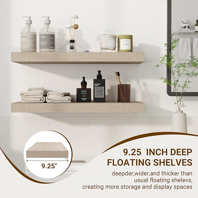 24 Inch Floating Shelves, 3D Textured Wood Grain, 24"x9.25"x1.5" Inch Deep Floating Shelves for Wall, Wooden Shelves for Bathroom, Bedroom, Living Room, Washed White, 2 Pieces