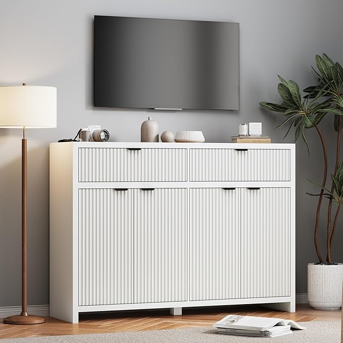 Fluted Sideboard Buffet Cabinet with Storage Drawers, 55" Large Accent Storage Cabinet with Doors and Adjustable Shelf, Modern Farmhouse Credenza for Entryway, Kitchen, Living Room - White