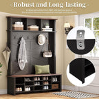 Ball & Cast 4-in-1 Hall Tree with 6 Hooks,Walnut Entryway Bench with Adjustable Shelves,Rustic Shoe Organizer with 16 Open Compartments,for Mudroom,Living Room,Hallway,Black