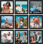 Vittanly 8x8 Picture Frames Set of 9, Shatter Resistant Plexiglass, Display 4x4 Pictures with Mat or 8x8 without Mat, Photo Frames for Wall Mount, Engineered Wood, Black
