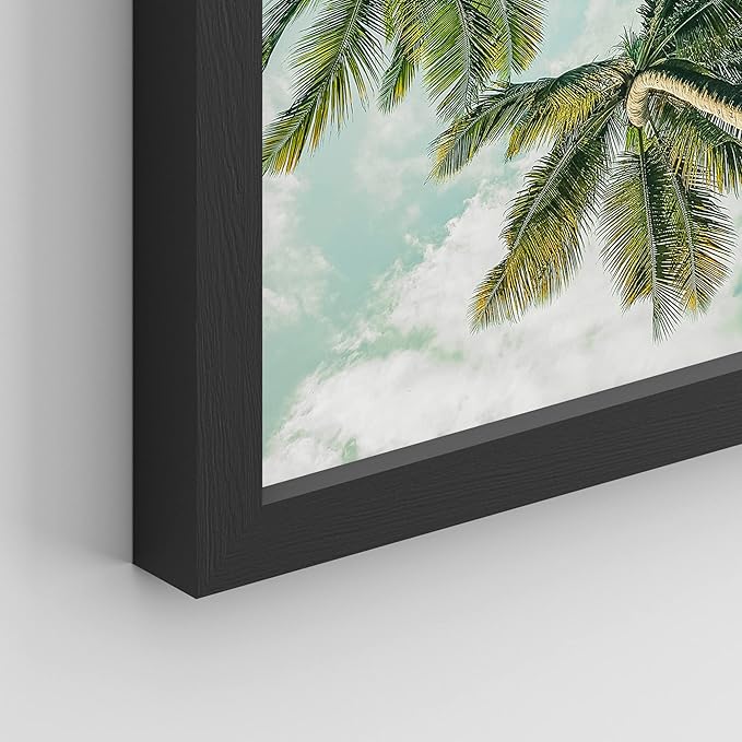 SIGNWIN Framed White Topical Teal Sky Palm Tree Beach Ocean Seaside Wall Art, Set of 4 Landscape Colorful Wall Decor Prints, Nature Wilderness Wall Décor for Living Room, Bedroom - 12"x16" Black
