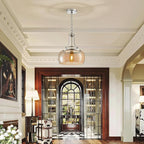 WUZUPS Nickel Chandelier Rustic Farmhouse Industrial Round Ceiling Pendant LED Light Fixture with Amber Glass Shade for Dining Room Kitchen Island Foyer Entryway, H 17" W 13.4", E26 Base