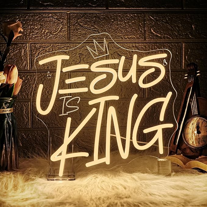 WLHOPE Jesus Is King Neon Sign Dimmable Led Signs for home Wall Decor, Neon Lights USB Powered Transparent Acrylic Board Sign for church party bedroom living room Decoration 12.99 * 12.6 inch
