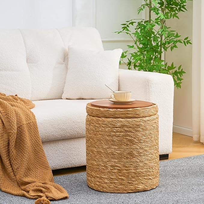 Wimarsbon Round Pouf Ottomans, Handwoven Natural Water Hyacinth Seagrass Pouffe,Outdoor Rattan Stool Accent Seat, Bohemian Coastal Home Decor (Cattail Nested Set-Natural)
