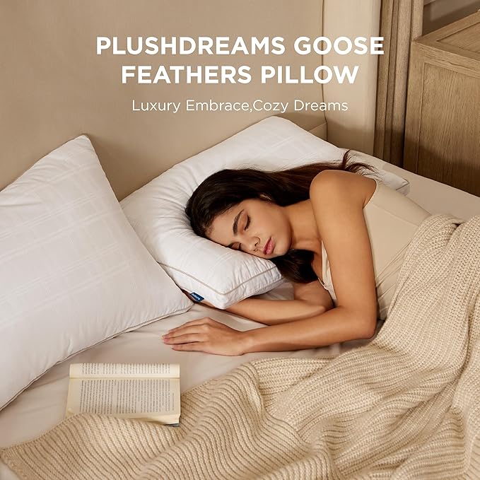 Bedsure Luxury Goose Feathers Down Pillow - 300 Thread Count Cotton Cover Gusseted Hotel Collection Bed Queen Pillow, Ultra-Soft High Elasticity Sorona Fiber Layer Pillows (2, Peyote, Queen)