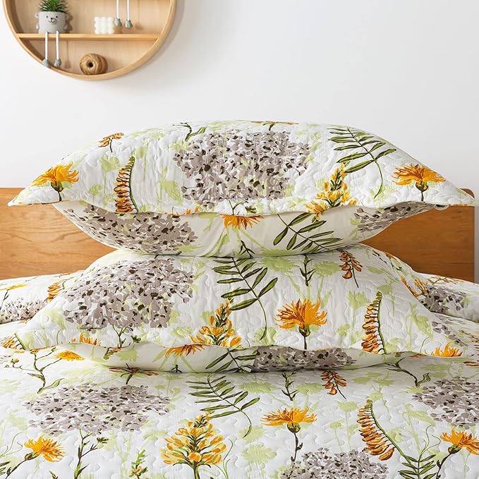 Travan 3-Piece Quilt Set Quilted Bedspread Lightweight Reversible Coverlet Set Floral Printed Oversized Quilted Bedding Set with Shams for All Season, Yellow Flower, King Size