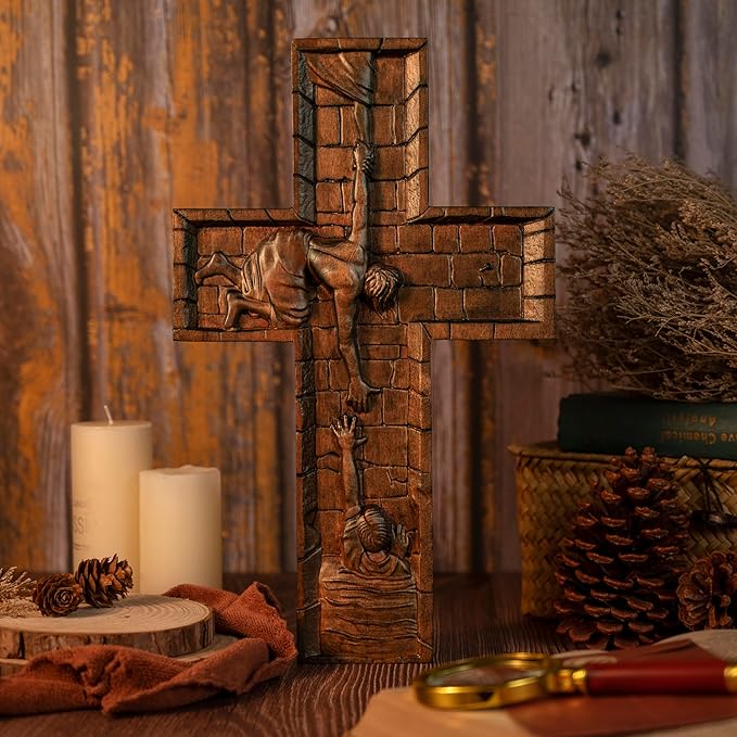 BGCOPPER Crucifix Wall Cross Handmade Wooden Cross with Hook, Christian Wall Art Jesus Wall Cross Gifts for Church Home Room Decor Christmas Cross - 20 Inch