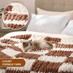 L'AGRATY Chunky Knit Blanket Throw: 60''x80'' Chenille Chunky Knitted Throw Blankets for Twin Bed Couch - Handmade Thick Cable Knit Blanket - Large Crochet Blankets for Home Decor(Brown Checkered)