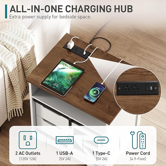 Farmhouse End Table Set of 2, Sofa Side Table with Charging Station, Bedside Table with 2 Drawers and Barn Door, Rustic Wooden Nightstand for Bedroom, Living Room, White and Walnut