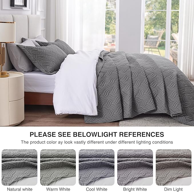 Love's cabin California King Size Quilt Bedding Set Grey Bedspread - Cal King Summer Lightweight Bedspread Comforter - Wave Pattern Coverlet for All Season - 3 Pieces (1 Quilt, 2 Pillow Shams)