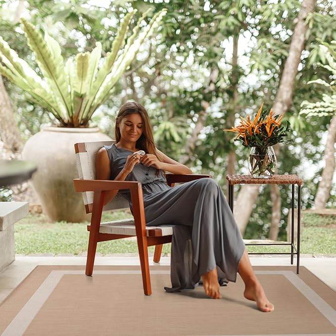 CAMILSON Outdoor Rug 9x12, Large Modern Outside Rugs for Patios Porches Waterproof Durable Washable Non-Shedding, Easy-to-Clean Indoor Outdoor Area Carpet (9 x 12, Bordered - Beige/White)