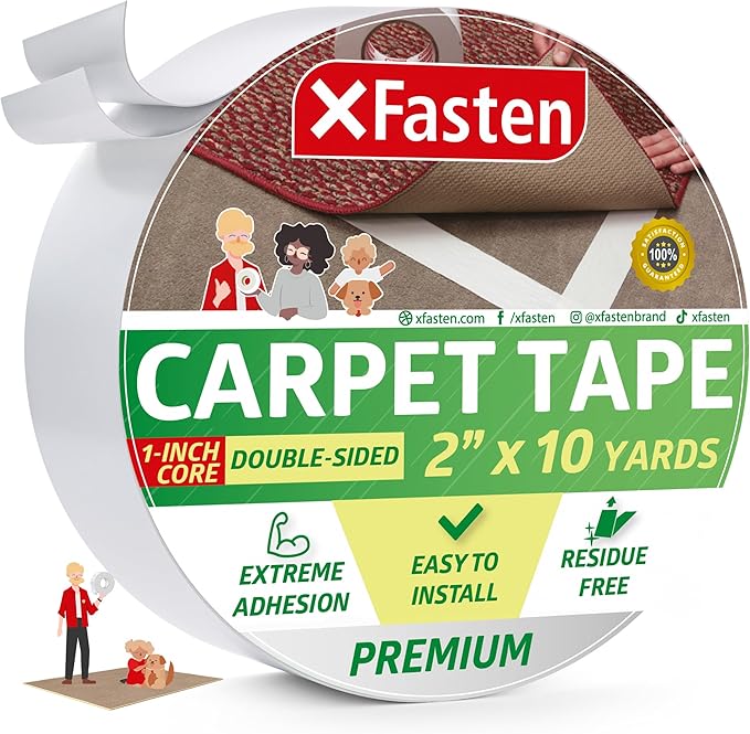 XFasten Double Sided Carpet Tape for Area Rugs, 2 Inch x 10 Yards 1-Inch Core – Heavy Duty Anti Slip Rug Grip Tape, Works as Rug Gripper, Wood Safe, Easy Removal for Hardwood and Laminate Floors