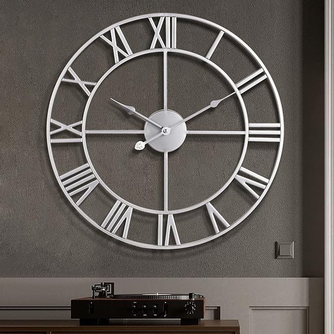 1st owned Large Wall Clock Silent Non-Ticking Roman Numerals Vintage Battery Operated (24 inch,18inch,16inch) Farmhouse Wall Clock for Living Room, Bedroom, Kitchen, Cafe Decor-Silver 40CM