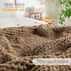 Chunky Knit Blanket Throw, 100% Hand Knit Throw Blanket Handmade Chenille Cable Knit Throw for Couch, Stylish Cozy Soft Rope Knot Crochet Blanket for Home Decor, Camel, 50x60 Inches