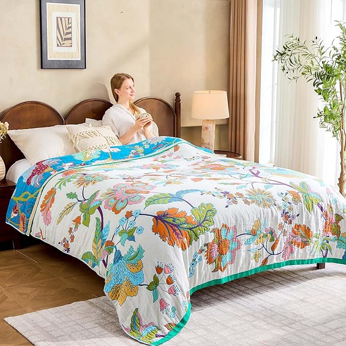 Summer Throw Blanket, 50"x60" Reversible Bohemian Flower Blanket, 100% Cotton Muslin Breathable Woven, Farmhouse Decorative Throw Blanket
