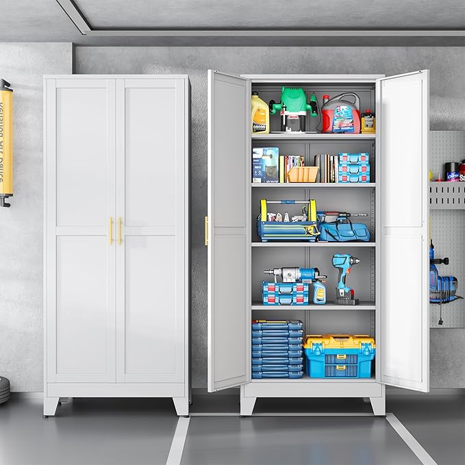 White Pantry Storage Cabinet,71" Kitchen Pantry with Doors and 4 Adjustable Shelves, Metal Storage Cabinet, for Office, Home, Garage, School