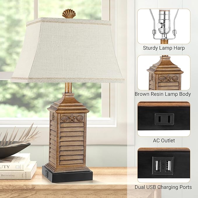 Table Lamps Set of 2 Coastal Beach Living Lamps for Bedroom with Dual USB Ports and One AC Outlet Brown Tropical Nautical Nightstand Bedside Lamps for End Table Home Decor with LED Bulbs