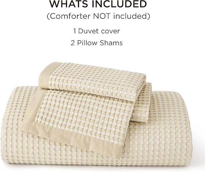 Bedsure Cooling Waffle Duvet Cover Queen - Cotton Blend Rayon Derived from Bamboo Duvet Cover Set for Hot Sleepers, Breathable Bedding Set with a Vintage Charm, 3 Pieces (Beige, Queen, 90"x90")