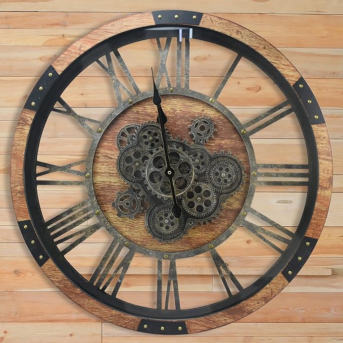 DORBOKER 30'' Large Wall Clock Real Moving Gears Oversized Industrial Solid Wood Rusic Farmhouse Clocks for Living Room Wall Decor Home Office, 30 inch 76cm, Brown and Vintage Bronze