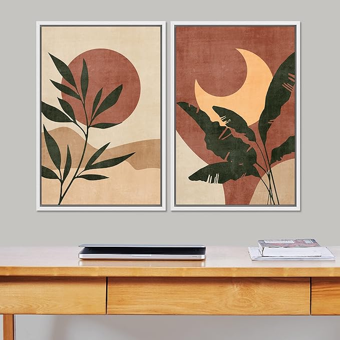 SIGNFORD Framed Canvas Print Wall Art Set Sun & Moon Mid-Century Desert Plants Abstract Shapes Illustration Modern Art Decorative Nordic Nature for Living Room, Bedroom, Office - 24"x36"x2 White