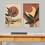 SIGNFORD Framed Canvas Print Wall Art Set Sun & Moon Mid-Century Desert Plants Abstract Shapes Illustration Modern Art Decorative Nordic Nature for Living Room, Bedroom, Office - 16"x24"x2 White