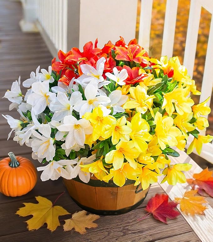 Artificial Fall Flowers for Outdoors, 3 Bundles Faux Azalea Bouquet Silk Flower for Outside UV Resistant Realistic Fake Outdoor Flowers for Planter Porch Patio Garden Walkways Home Fall Decor, Mix