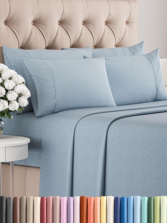 Cal King Sheet Set 6 Piece - Bed Sheets California King Size - Soft Hotel Luxury Bedding - Cooling, Comfy & Breathable - 1 Flat 1 Fitted & 4 Pillowcases w/ Deep Pockets - Wrinkle Free - Heathered Blue