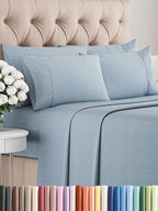 Cal King Sheet Set 6 Piece - Bed Sheets California King Size - Soft Hotel Luxury Bedding - Cooling, Comfy & Breathable - 1 Flat 1 Fitted & 4 Pillowcases w/ Deep Pockets - Wrinkle Free - Heathered Blue