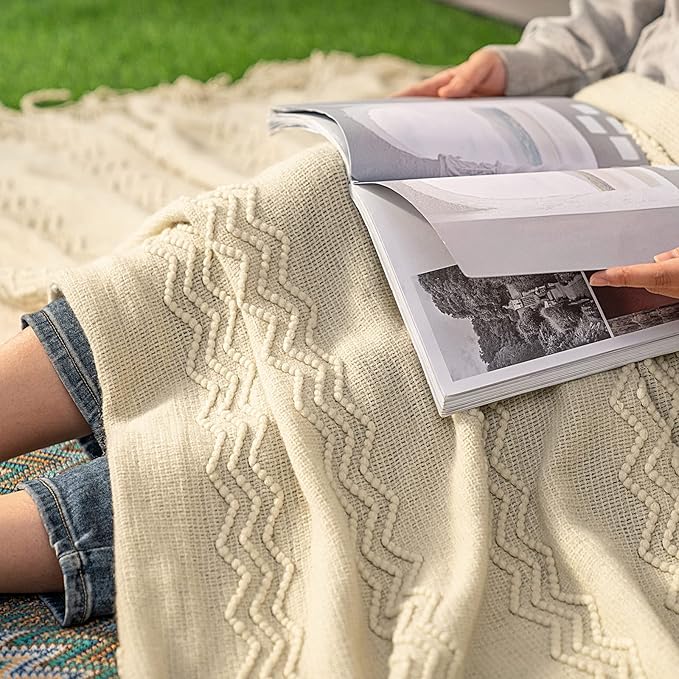 MIULEE Knitted Beige Throw Blanket Soft Sofa Knit Blanket for Couch 50 x 60 Inches, Solid Cozy Lightweight Wave Pattern Decorative Blankets with Tassels for Women, Kids and Babys