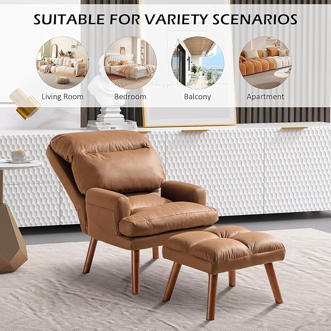 CANMOV Modern Accent Chair with Ottoman Set of 2, Soft Fabric Armchair with Adjustable Backrest and Side Pockets, Comfy Lounge Chair for Living Room, Bedroom, Apartment, Office, Camel