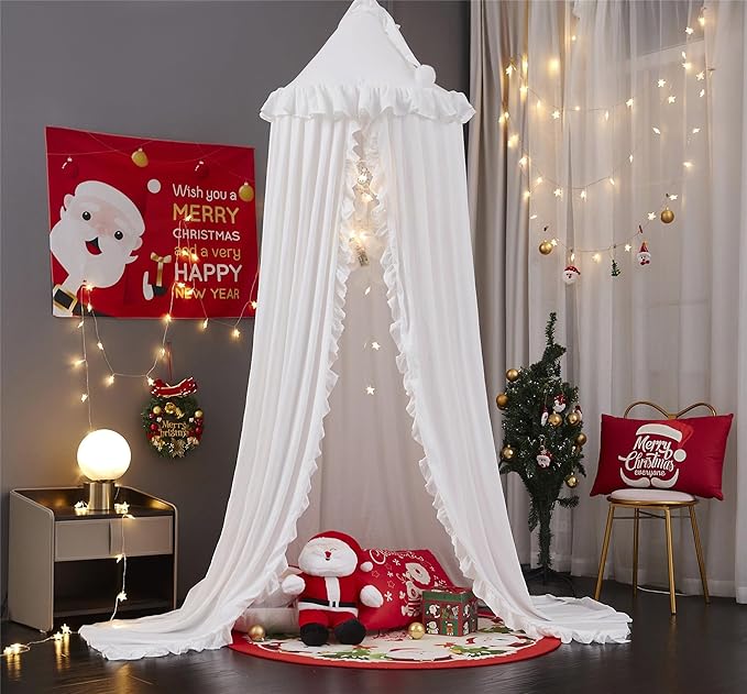 VETHIN Bed Canopy for Girls,Princess Round Dome Dreamy Mosquito Net Bedding Girls Room Castle Play Tent Hanging House Decor Reading Nook Canopies (White)