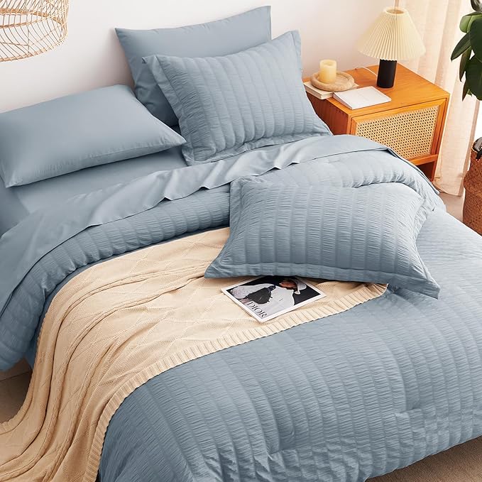 CozyLux Grayish Blue Queen Comforter Set Seersucker 7 Pieces Dusty Blue Bed in a Bag Queen Comforter Set with Sheets, Luxury Bedding Set with Down Alternative Comforter, Sheets, Pillowcases & Shams