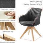 Art Leon Office Chair No Wheels, Mid Century Modern Desk Chair, Swivel Accent Chair with Oak Wood Legs, Faux Leather Upholstered Armchair for Desk, Black