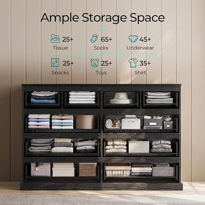 LINSY HOME 10 Drawer Dresser for Bedroom, 53" Wide Chest of Deep Drawers, Modern Farmhouse Wood Dressers with Storage, Large Drawer Organizer for Bedroom, Living Room, Handless Design, Black