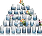 Glass Bud Vase Set of 30 - Small Vases for Flowers in Bulk - Assorted Vintage Crystal Vases for Flowers, Table Centerpieces (Blue, 30 Pcs)
