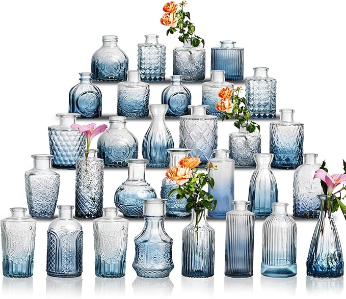 Glass Bud Vase Set of 30 - Small Vases for Flowers in Bulk - Assorted Vintage Crystal Vases for Flowers, Table Centerpieces (Blue, 30 Pcs)