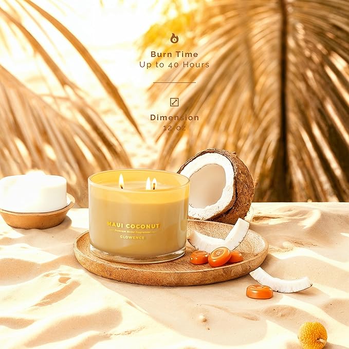 Luxury Coconut Scented Candle - Large 3 Wick Jar Candle - Elegant Gift for Women & Men - 100% Natural Soy Wax - Up to 40 Hours Burning Time - Housewarming Aromatherapy Candle for Home